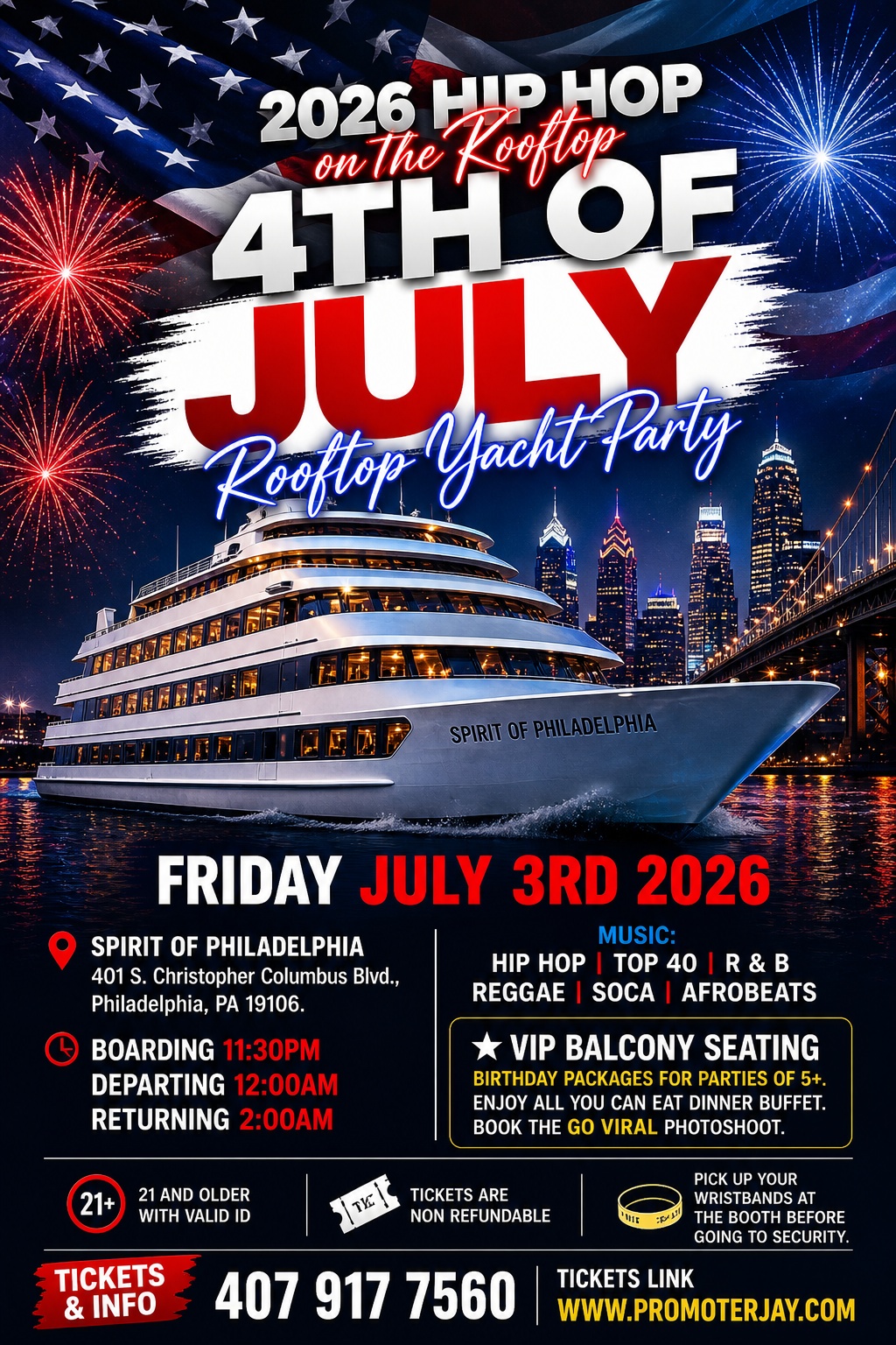 2026 Hip Hop on the Rooftop 4th of July Yacht Party flyer